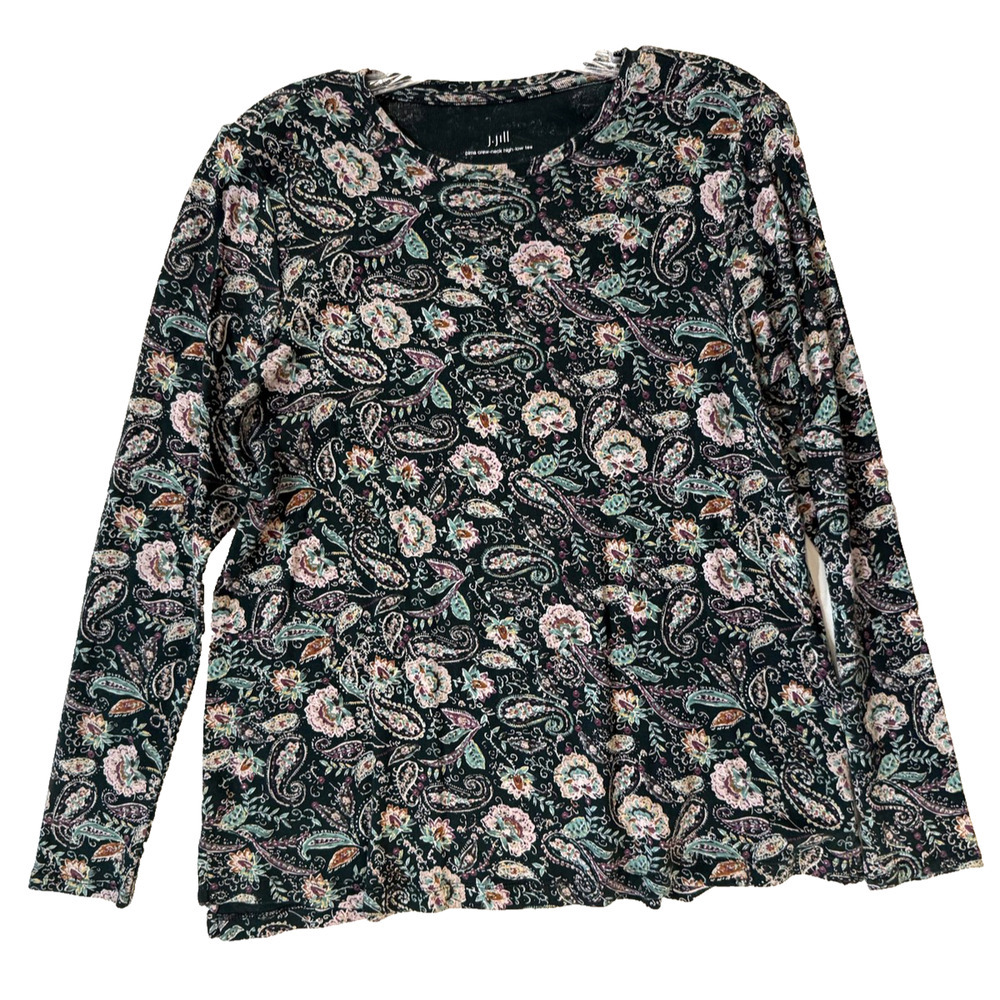 J Jill 100% Cotton Top Womens Small Black Pink Paisley Floral Pima Crewneck